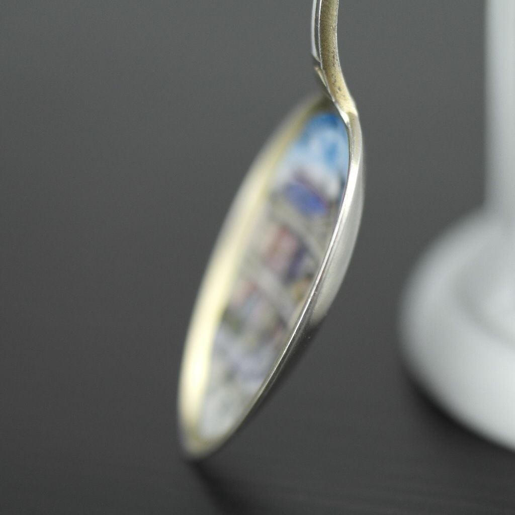 Antique enamel picture solid silver spoon German Dusseldorf Konsthalle 800