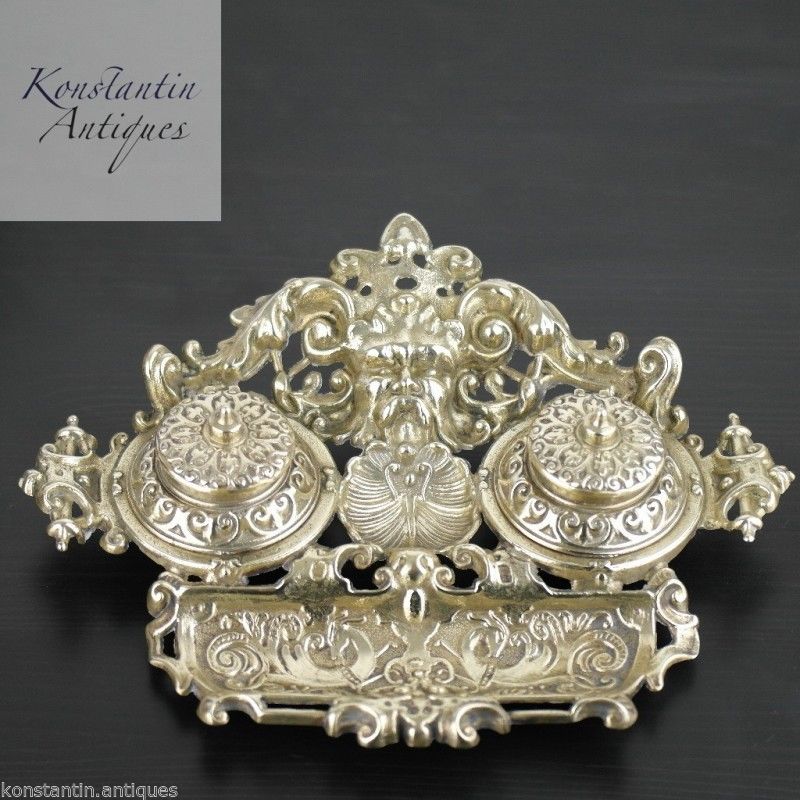 Antique solid brass double inkwell ornamented British Empire