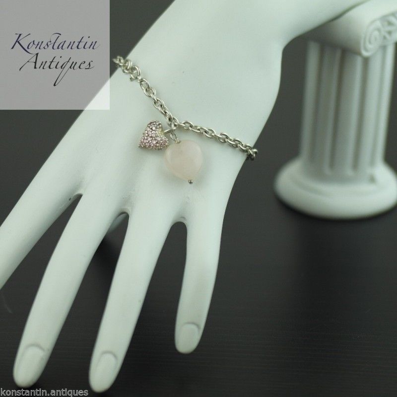 Cadena de pulsera de plata de ley con colgante de corazón de cuarzo rosa