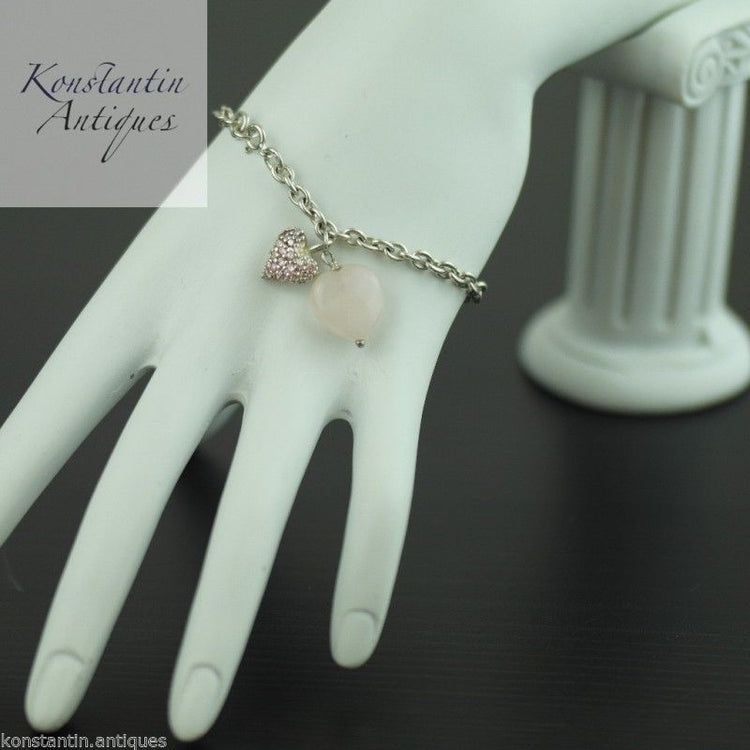 Armbandkette aus Sterlingsilber mit Rosenquarz-Herzanhänger