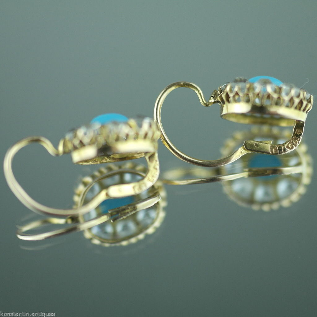 Antique 14ct / 56 gold earrings Turquoise and Rhinestones cluster from Russian Empire
