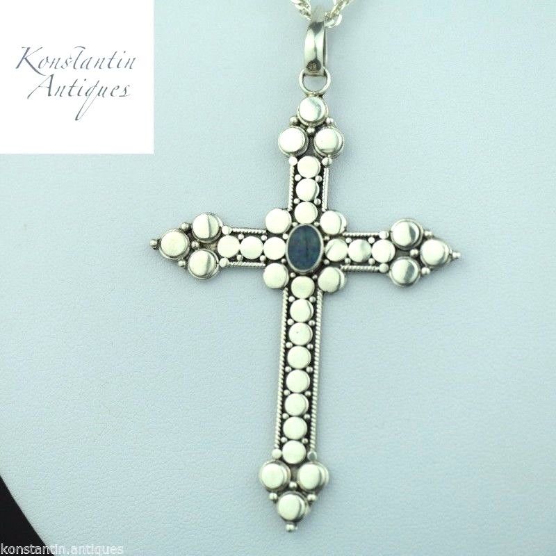 Vintage-Kreuz aus Sterlingsilber mit Opalstein an der Kette 925 Suarti Indonesien