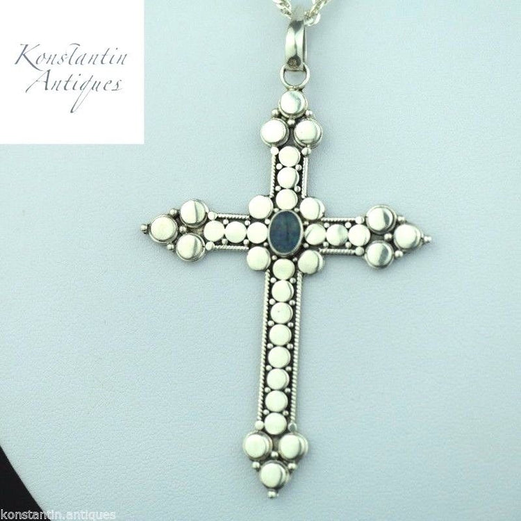 Vintage sterling silver cross with Opal stone on the chain 925 Suarti Indonesia