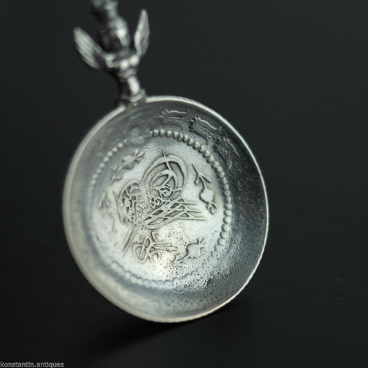 Cuchara de moneda de plata maciza antigua Imperio Otomano Turquía Kurush Arpía islámica rara 