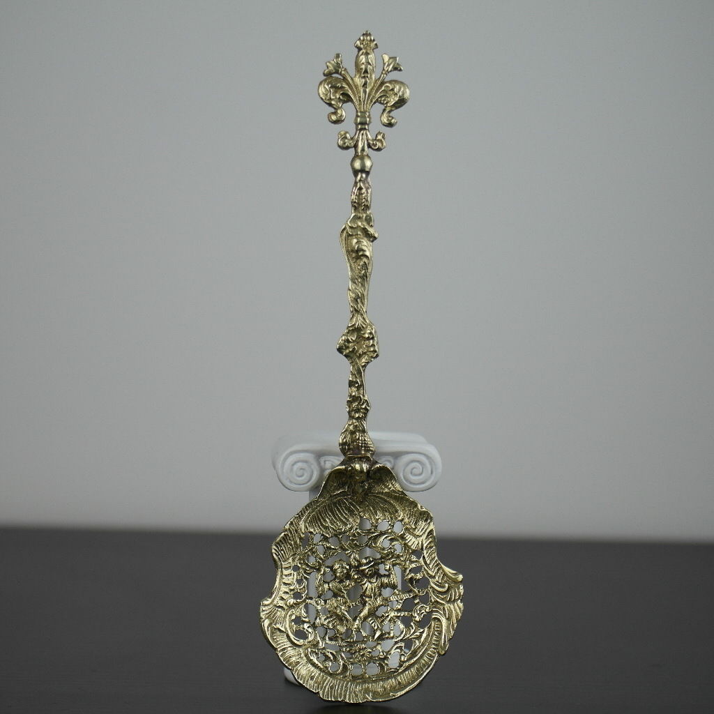 Antique solid brass ornamented strainer French Royal flower dancing couple eagle