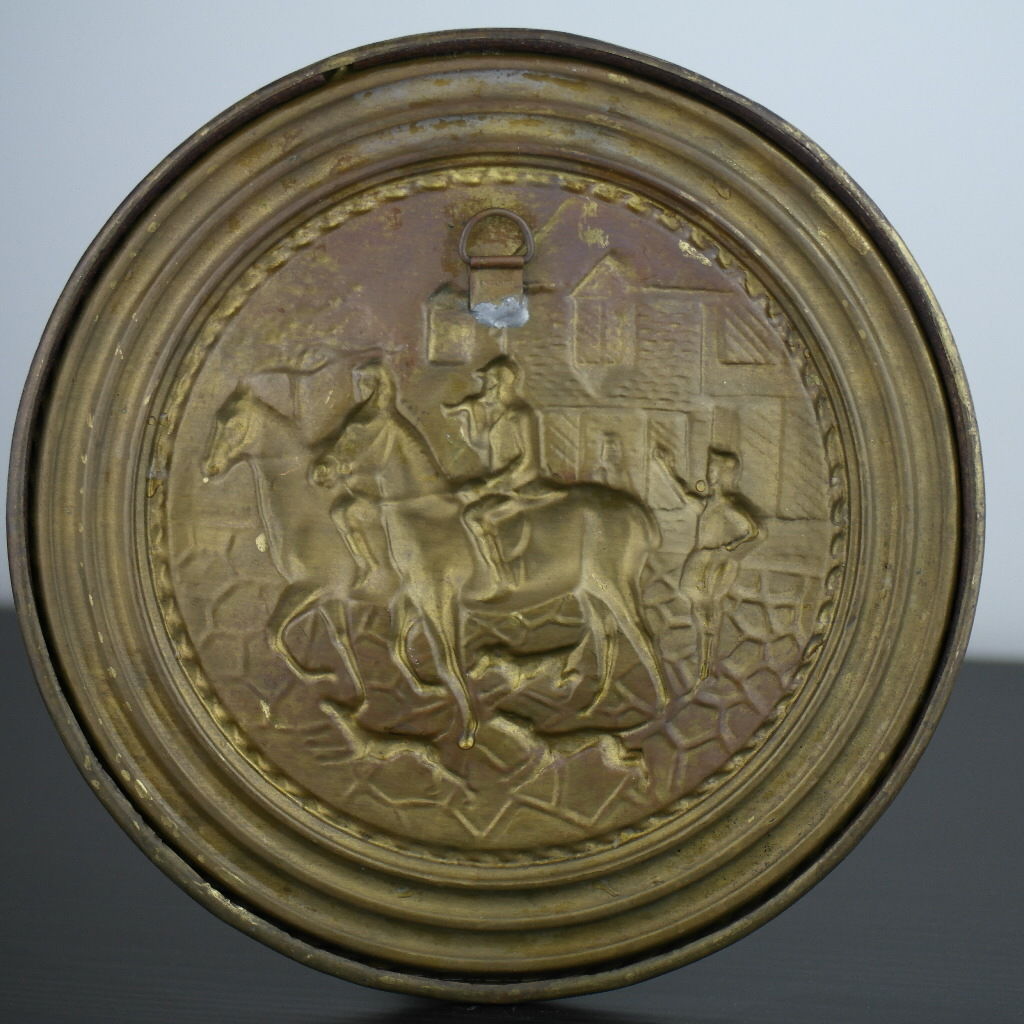 Vintage wall decor brass plate Antique Hunting scene portrait heat resistant