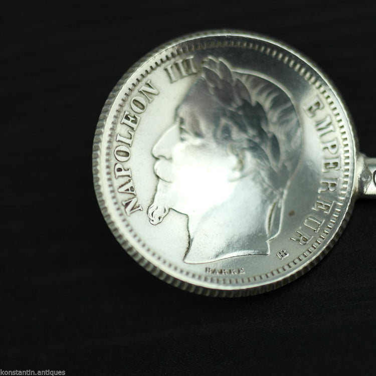 Antiker Münzlöffel aus massivem Silber aus dem Jahr 1868, französisches Kaiserreich, Napoleon III., 1 Franc