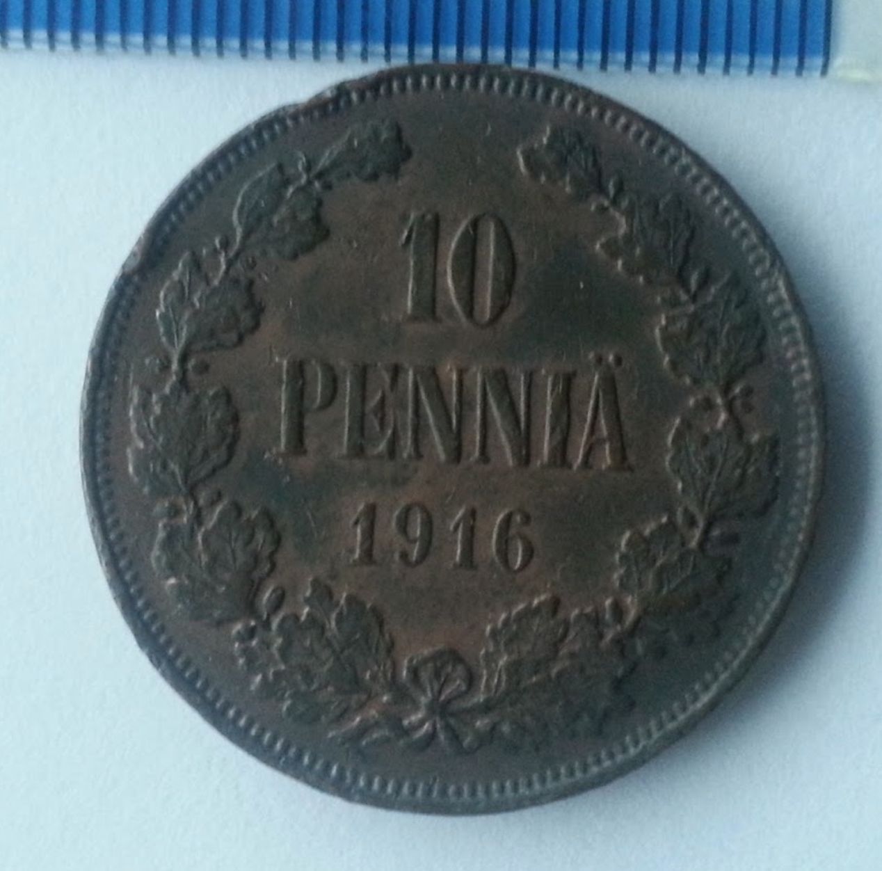 Moneda antigua de 1916 10 pennia kopeks Emperador Nicolás II del Imperio Ruso Finlandia