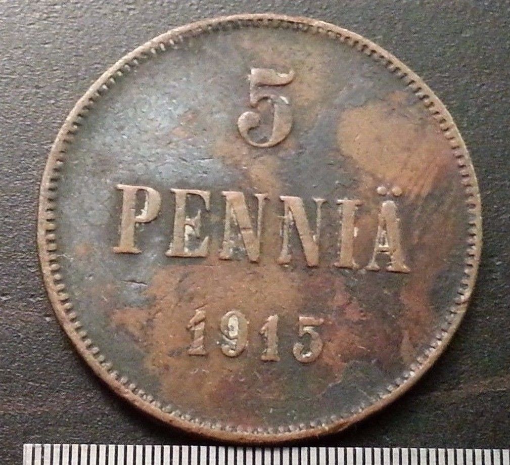 Moneda antigua de 1915 5 kopeks pennia Emperador Nicolás II del Imperio Ruso Finlandia