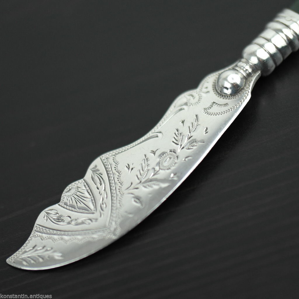 Antique 1900 sterling silver knife green Jade Nephrite handle