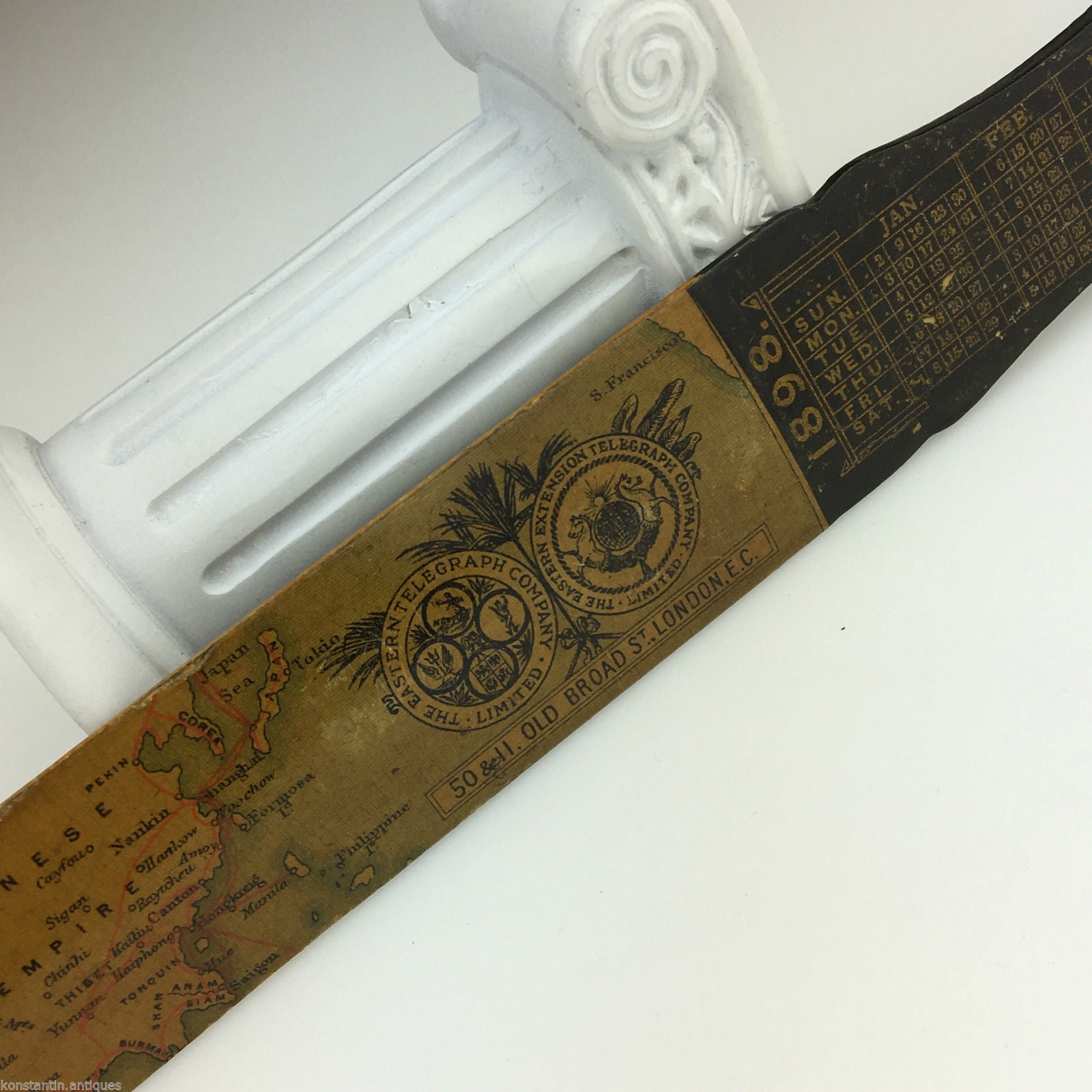 Antiker Seitenwender/Brieföffner aus Holz von 1898 mit Karte The Eastern Telegraph Com