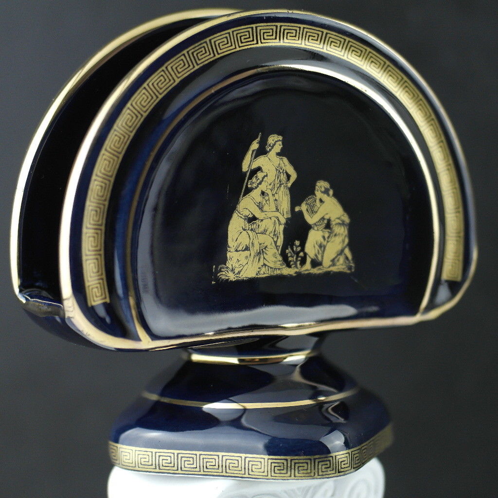 Vintage handmade Greek Royal Blue 24ct Gold plated pottery napkin holder made by Fakiolas, Greece