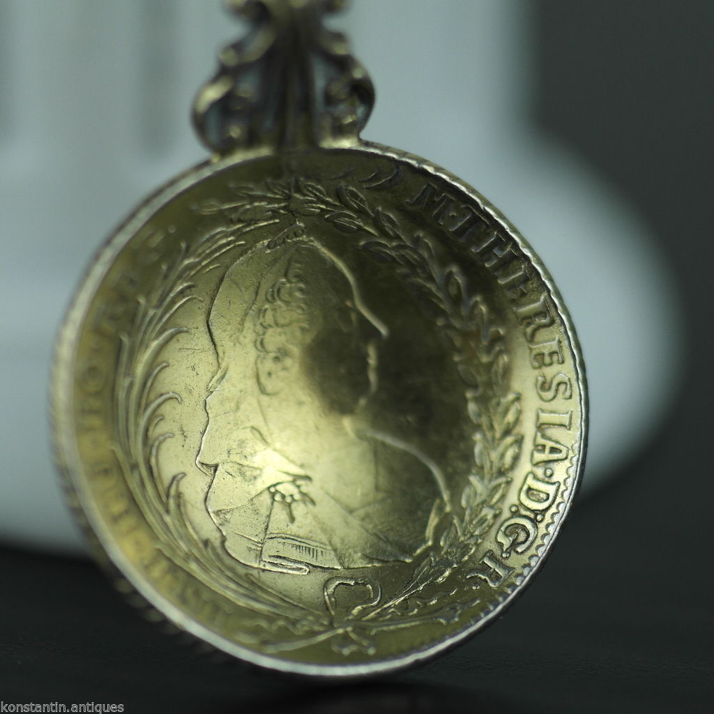Antiguo 1770 plata dorada 20 Kreuzer moneda cuchara Theresia Imperio Austriaco 800