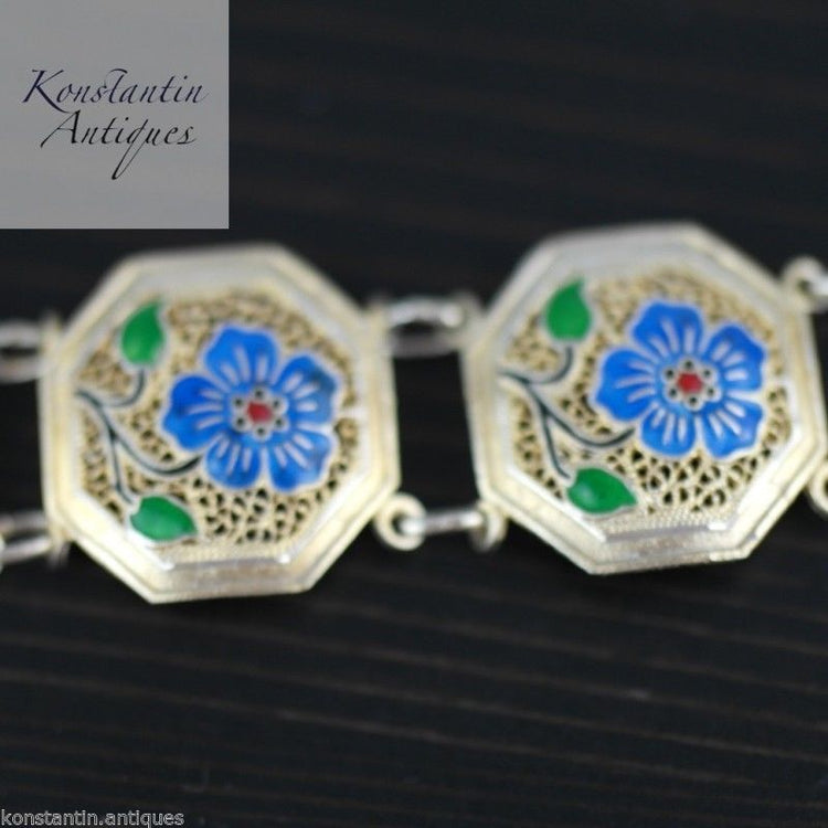 Vintage Portugal Enamel flowers gold plated solid silver bracelet