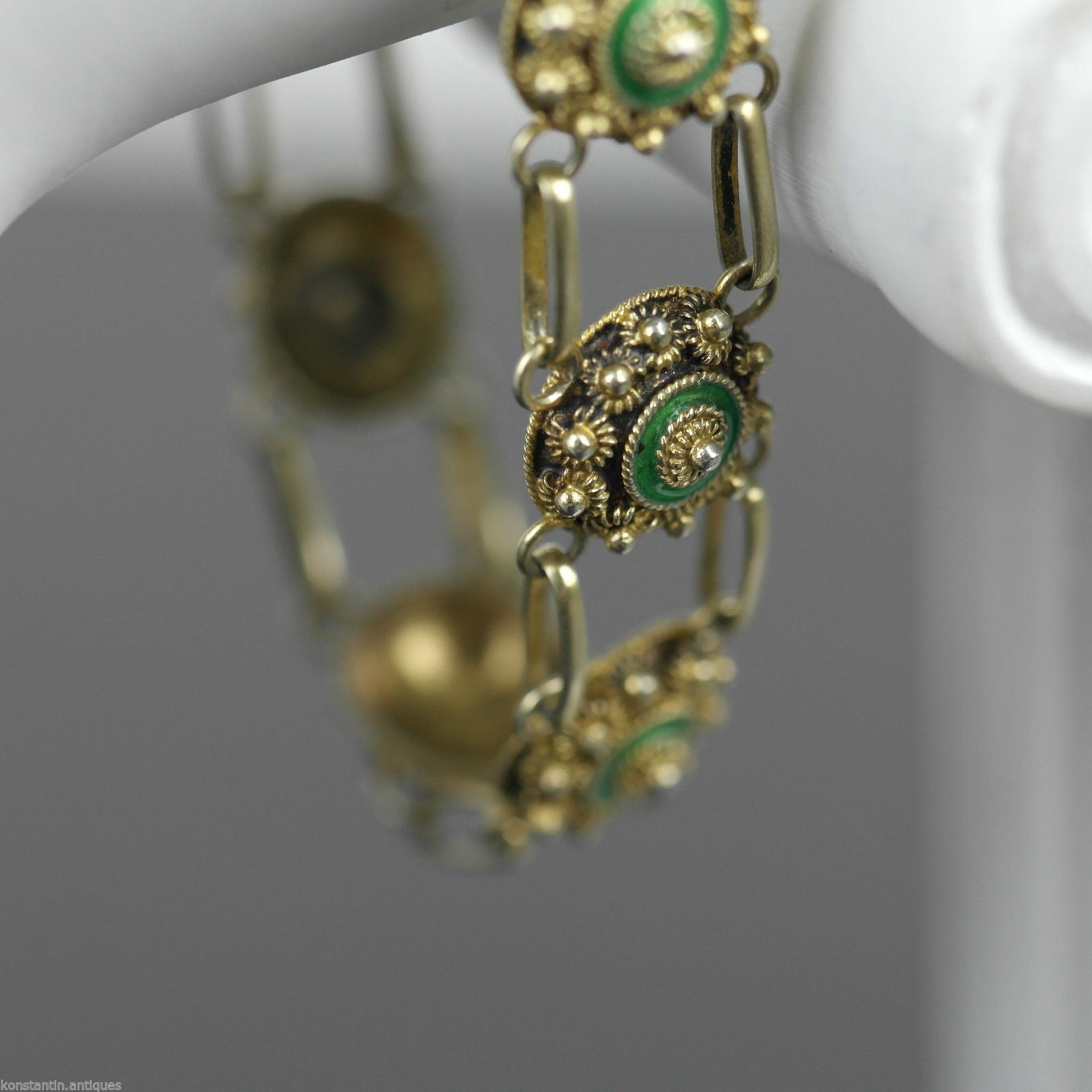 Cadena de pulsera antigua de esmalte guilloché bañada en oro de plata maciza del siglo XX Proto 833 