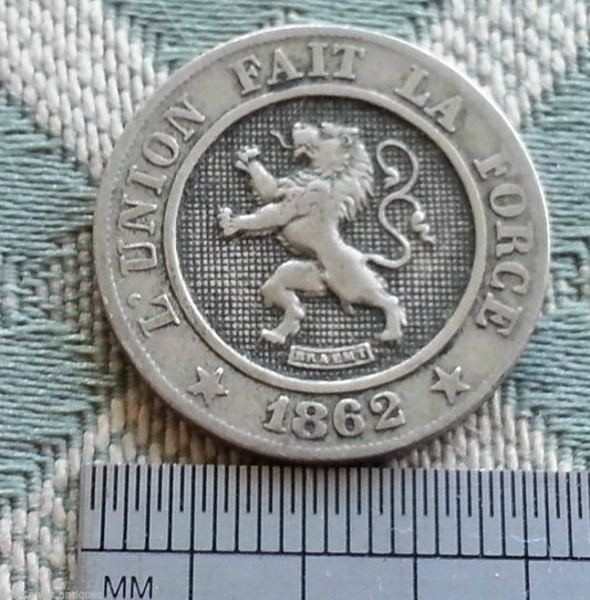 Antique 1862 coin 10 Centimes Léopold I of Belgium lion L'union fait la force