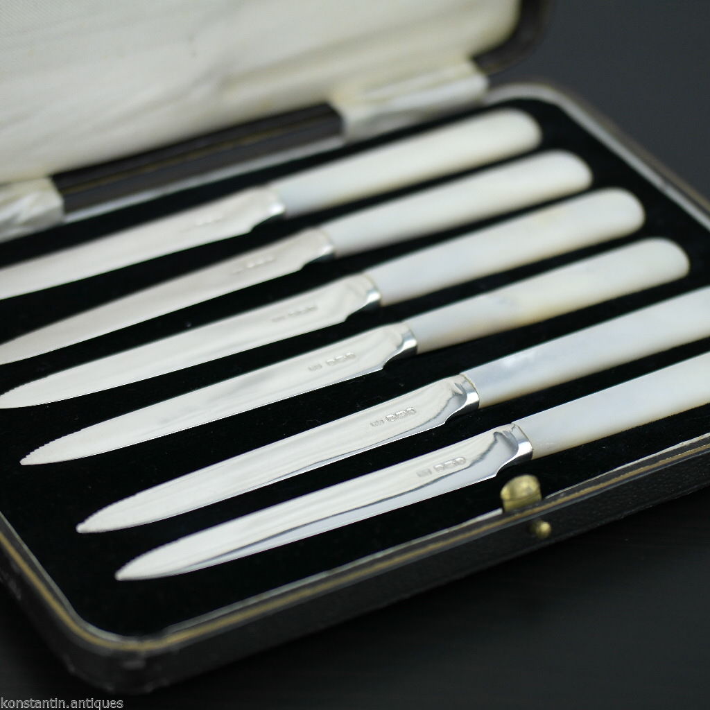 Antique 1935 solid silver set of six knives with Nacre handles