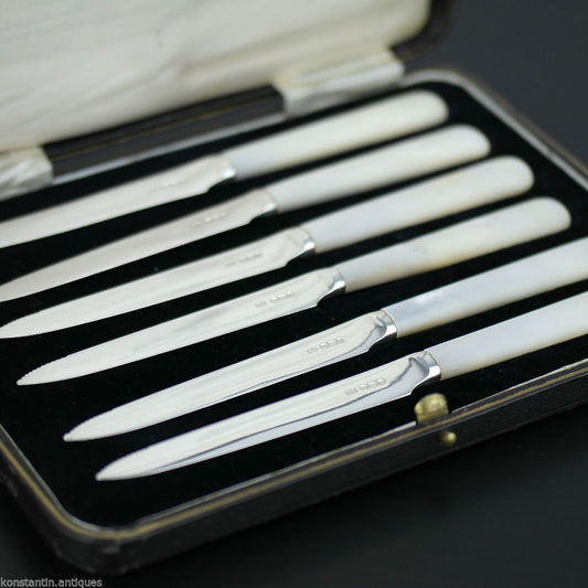 Antiguo juego de seis cuchillos de plata maciza de 1935 con mangos de nácar