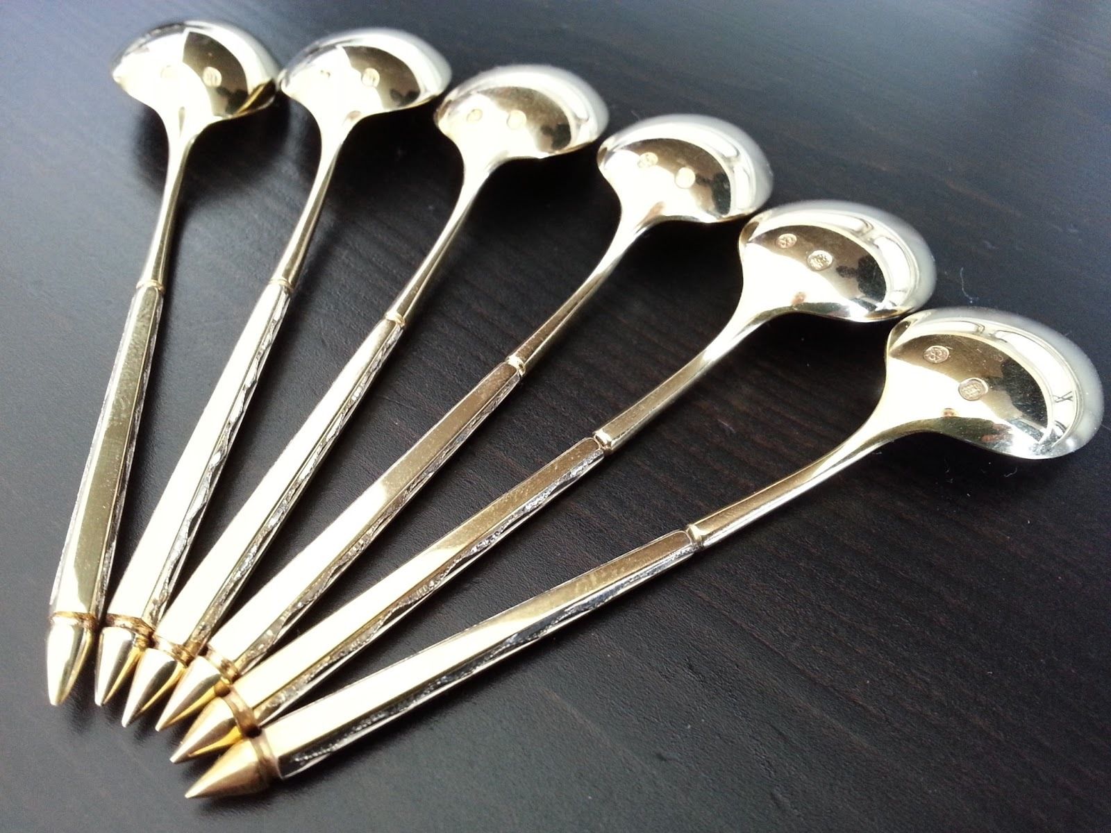 Vintage set of six Sterling silver gold plated coffee spoons Denmark 925 S 55