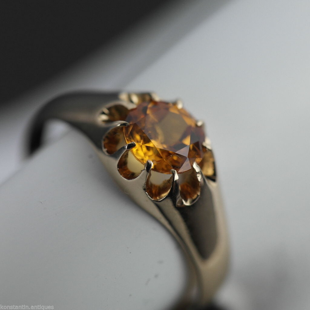 Anillo de oro antiguo de 14 quilates con topacio imperial talla brillante 56 Imperio Ruso