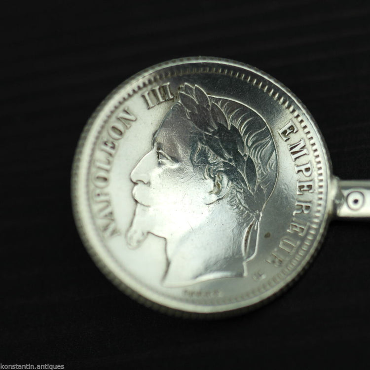Antiker Münzlöffel aus massivem Silber aus dem Jahr 1868, französisches Kaiserreich, Napoleon III., 1 Franc