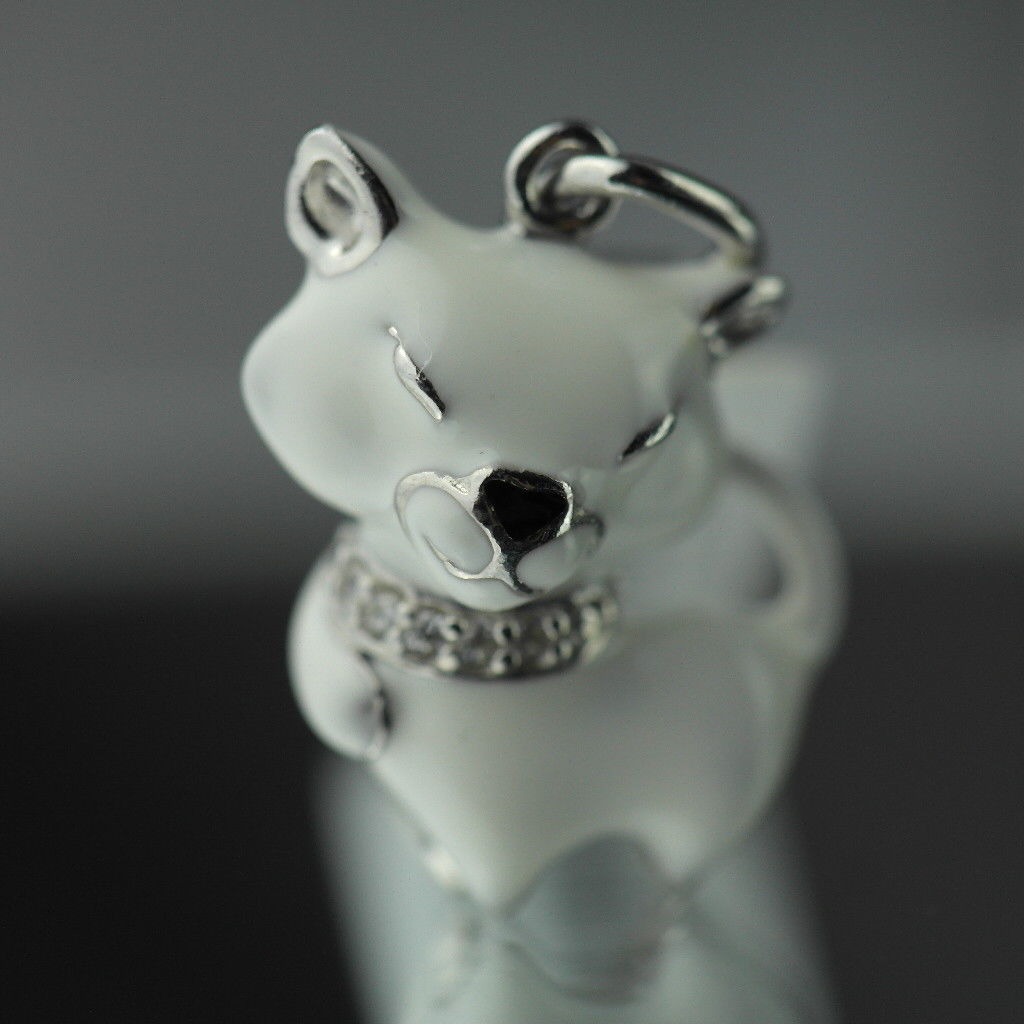 Sterling silver pendant white Enamel Cat with incrusted collar band