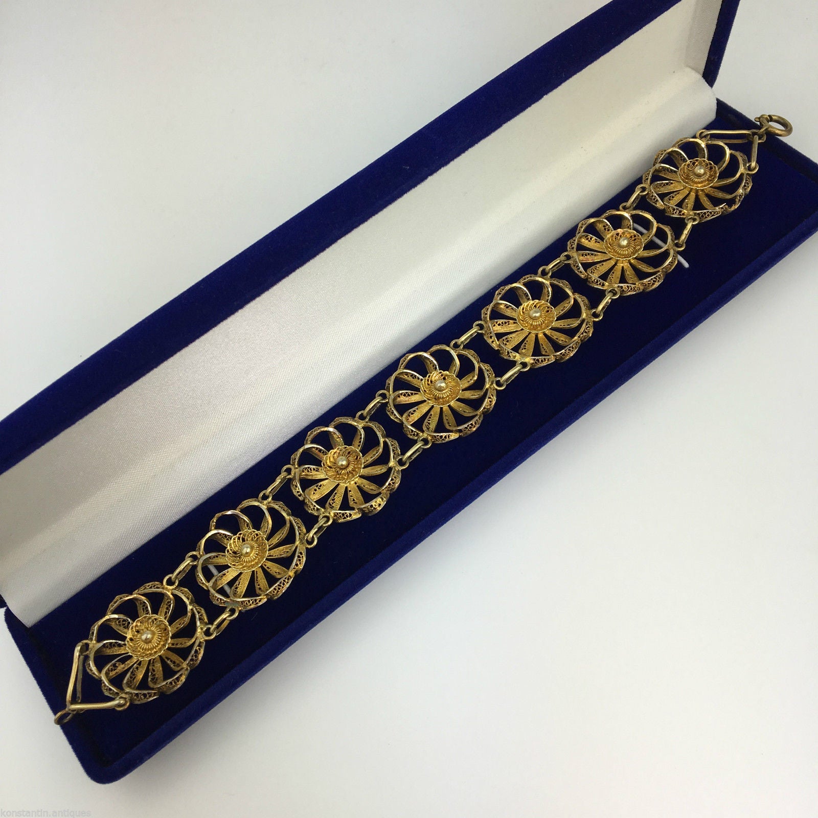 Pulsera vintage de filigrana portuguesa chapada en oro de plata maciza