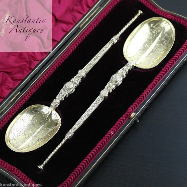 Antique 1905 gold plated sterling silver anointing spoons boxed London James Wakely & Frank Clarke Wheeler