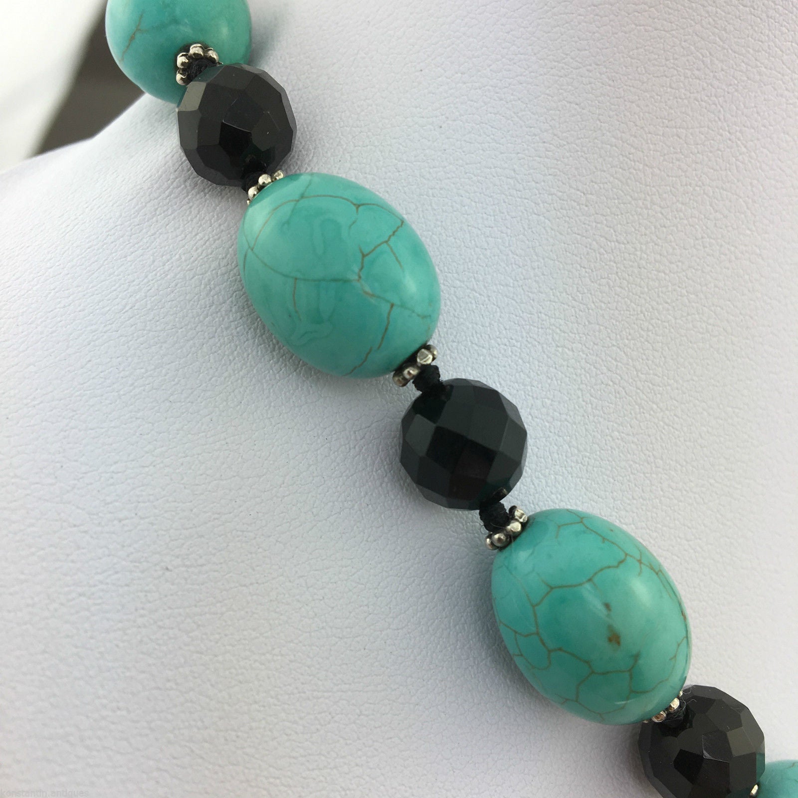 Vintage Lucas Lameth Turquoise and Onyx, sterling silver beads & clasp necklace