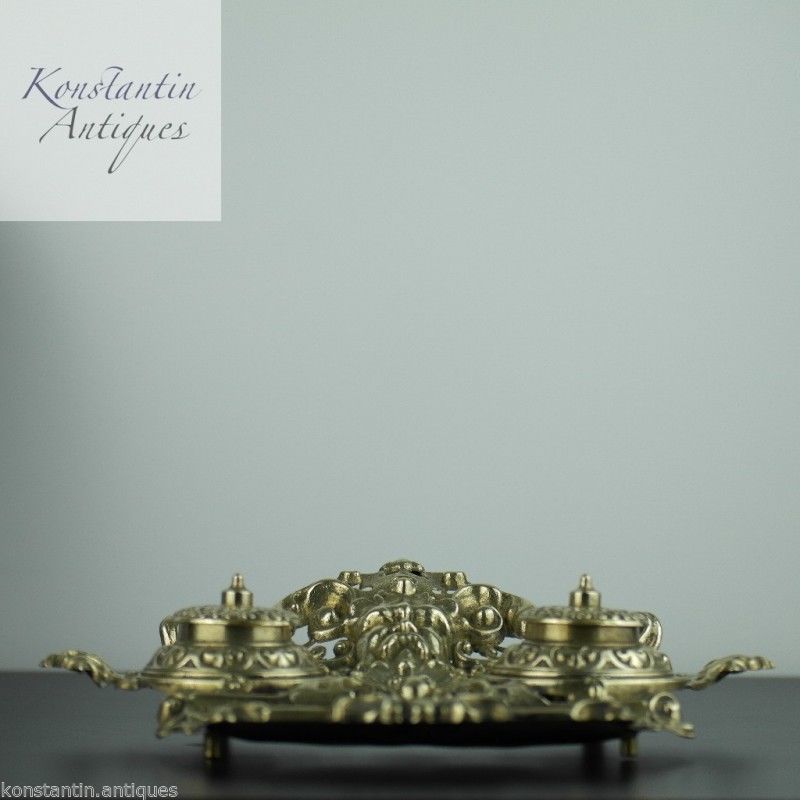 Antique solid brass double inkwell ornamented British Empire