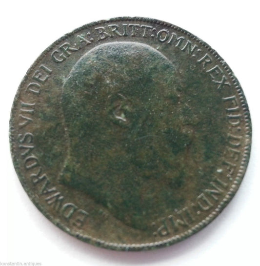 Antike 1-Penny-Münze von Edward VII. aus dem Jahr 1908 mit Patina des britischen Empire