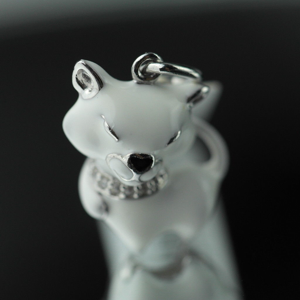Sterling silver pendant white Enamel Cat with incrusted collar band