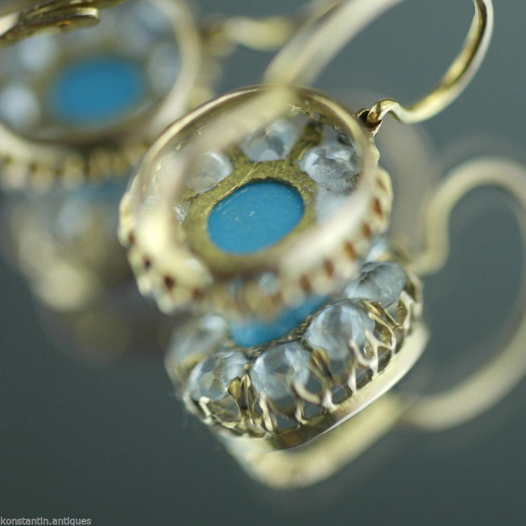 Antike 14-Karat-/56-Gold-Ohrringe mit Türkis und Strasssteinen aus dem Russischen Reich