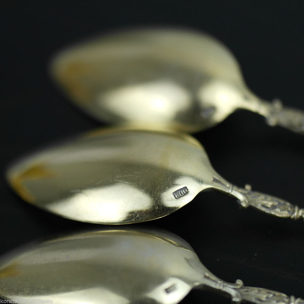 Antique Italian sterling silver spoons set 5 five gilt deer legs handles Italian