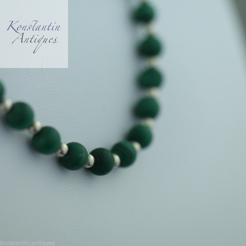 Antique malachite and sterling silver beads necklace