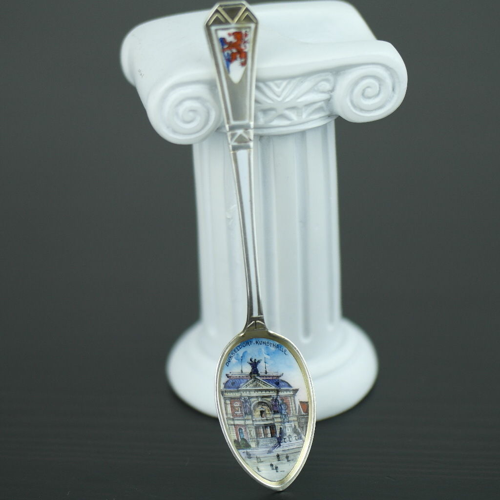 Antique enamel picture solid silver spoon German Dusseldorf Konsthalle 800