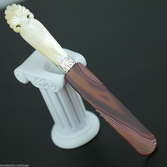 Antique agate and solid silver letter opener page turner with Nacre handle