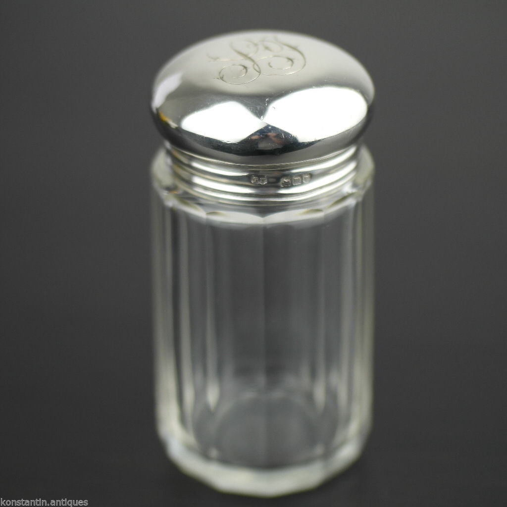 Antigua botella de tocador de vidrio tallado de 1927 con tapa de plata maciza Londres