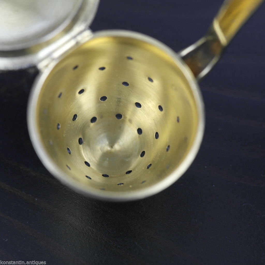 Vintage 916 plata de ley esmalte dorado colador de té ruso Leningrado 