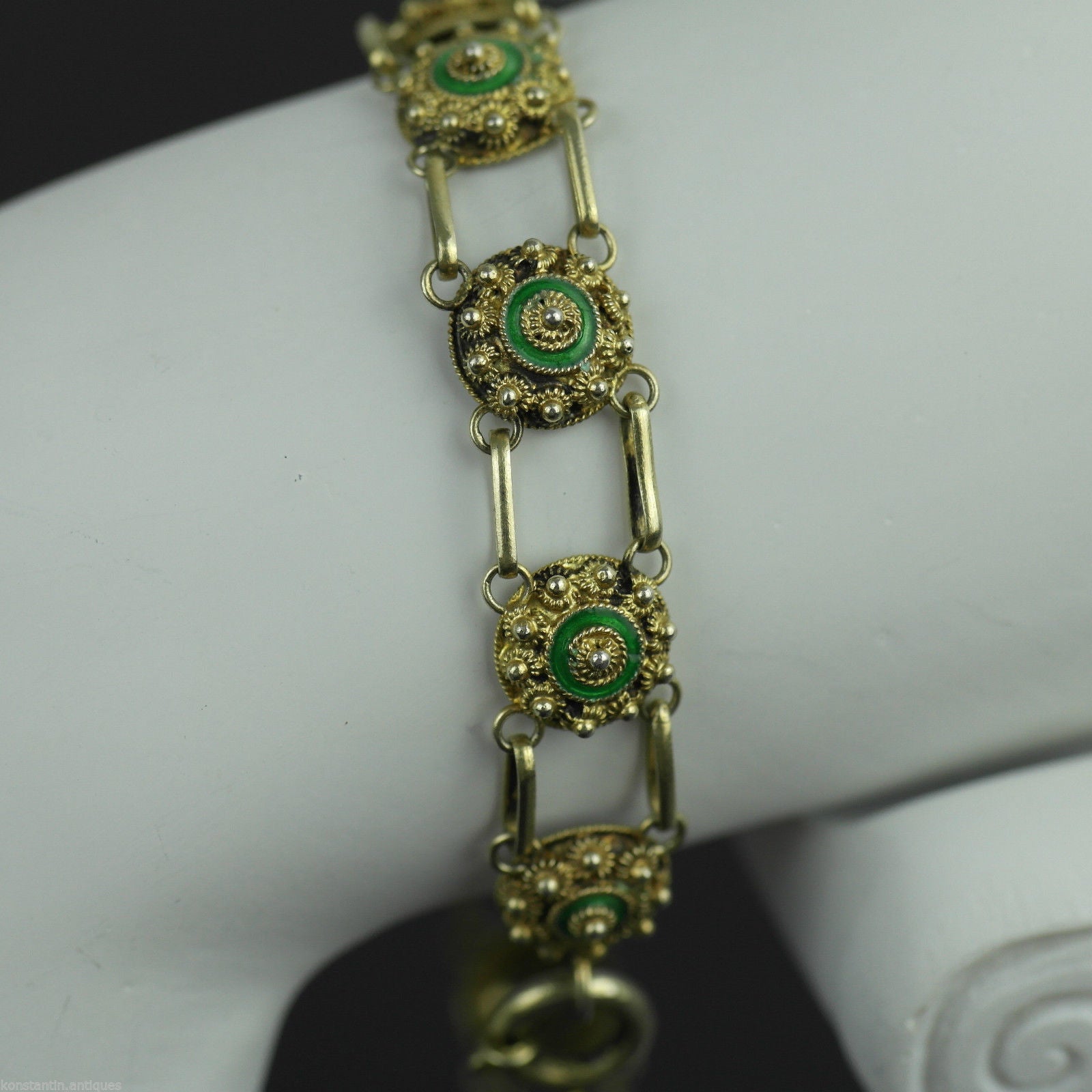 Cadena de pulsera antigua de esmalte guilloché bañada en oro de plata maciza del siglo XX Proto 833 