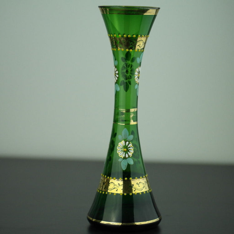 Antique gild green glass vase Bohemian style