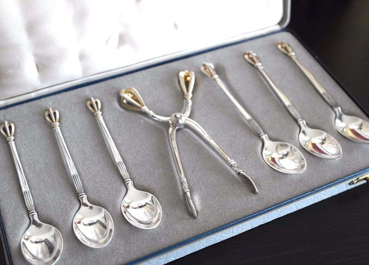 Vintage sterling silver set six spoons plus tongs Denmark W&S Sorensen in box