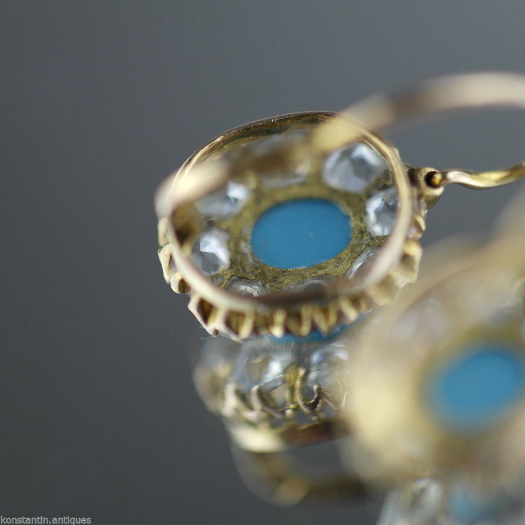 Antike 14-Karat-/56-Gold-Ohrringe mit Türkis und Strasssteinen aus dem Russischen Reich