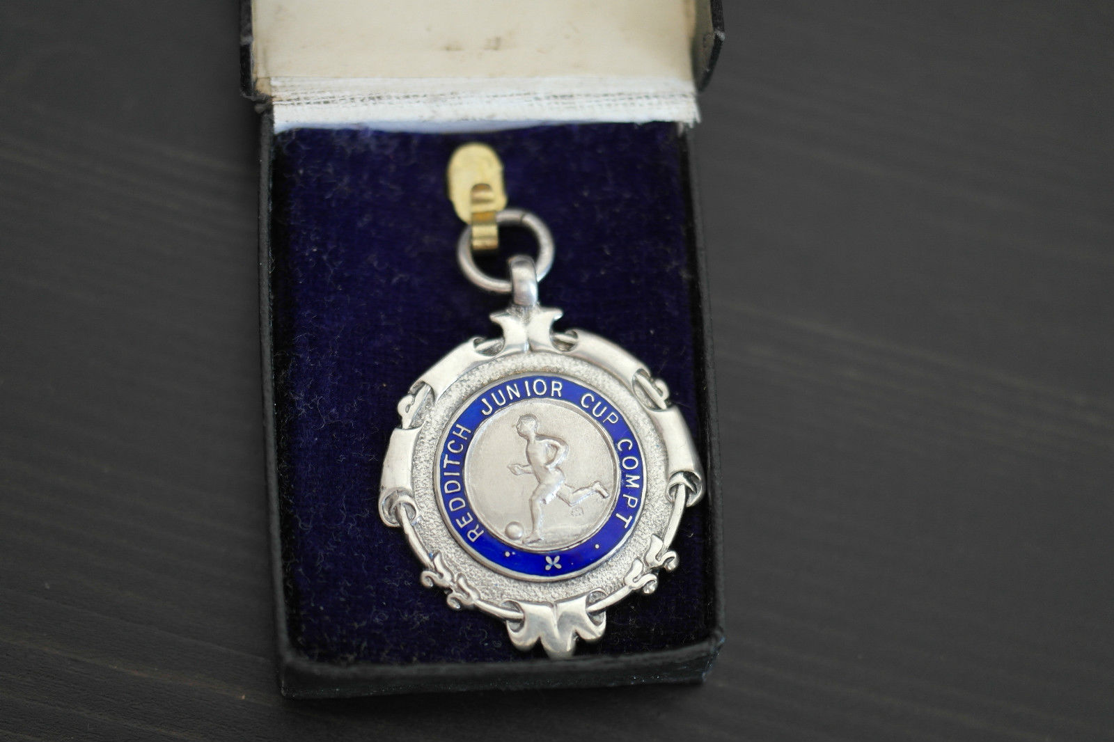 Vintage 1934 medalla de esmalte de plata de ley Redditch Junior Cup Compt en caja 