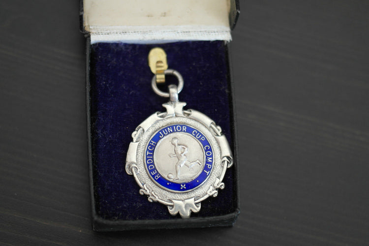 Vintage 1934 sterling silver enamel medal Redditch Junior Cup Compt boxed