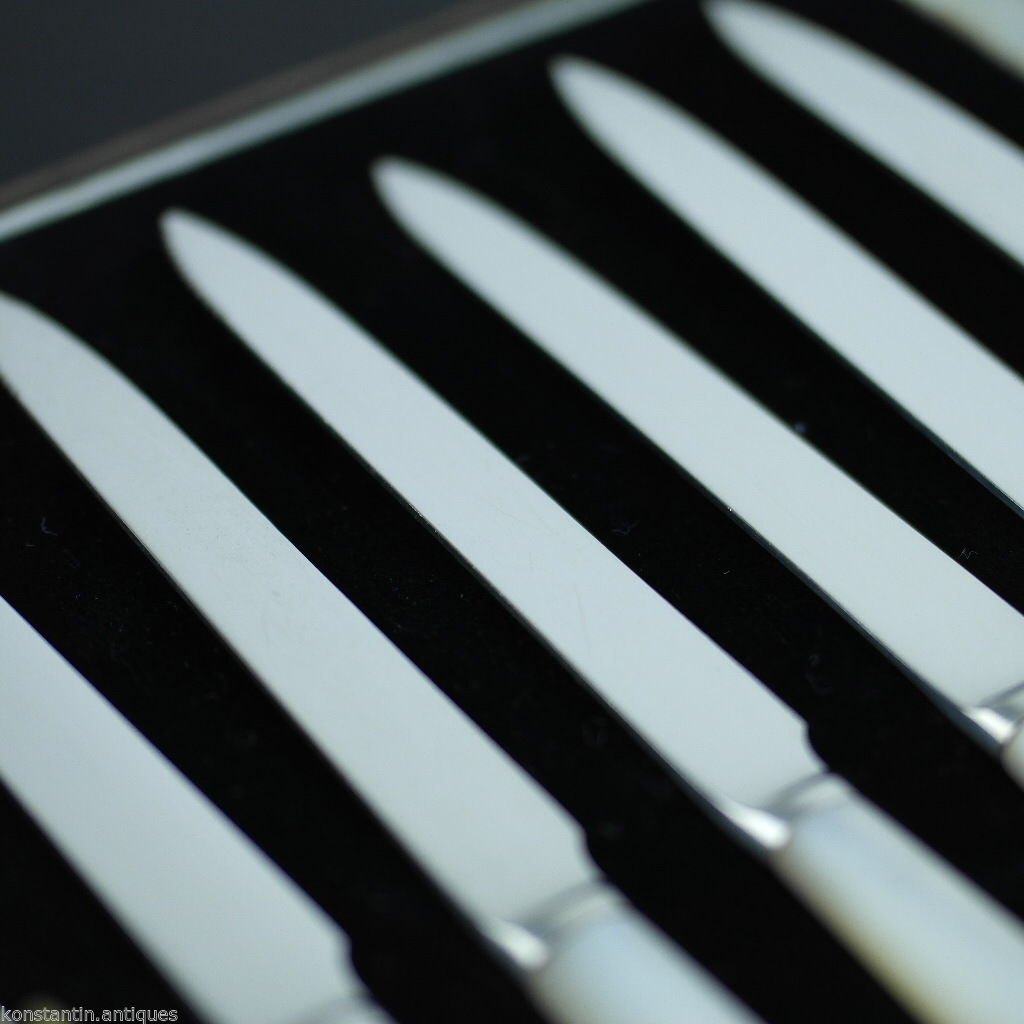 Antique 1935 solid silver set of six knives with Nacre handles