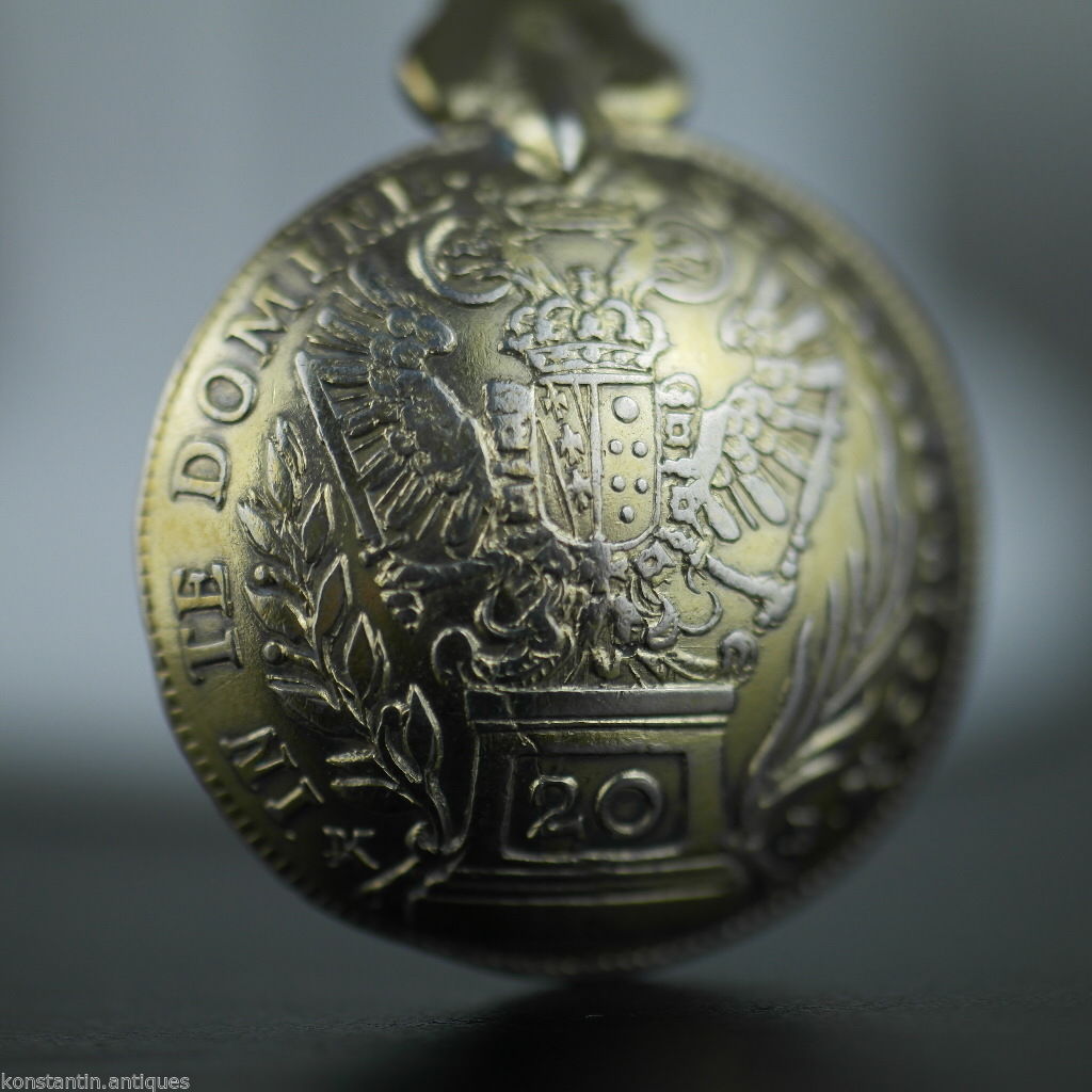 Antiguo 1765 plata dorada 20 Kreuzer moneda cuchara Franco Imperio Austriaco 800 Alemán