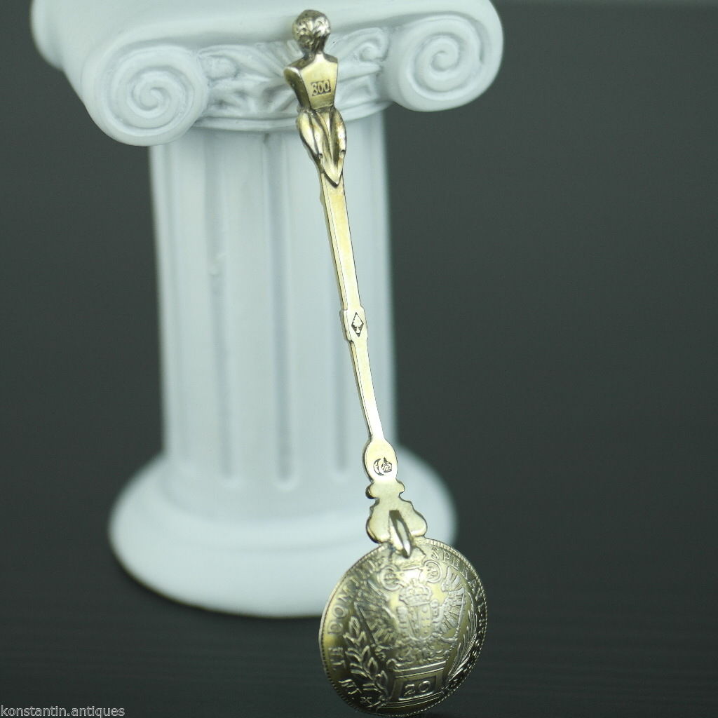 Antique 1765 gild silver 20 Kreuzer coin spoon Franc Austrian Empire 800 German