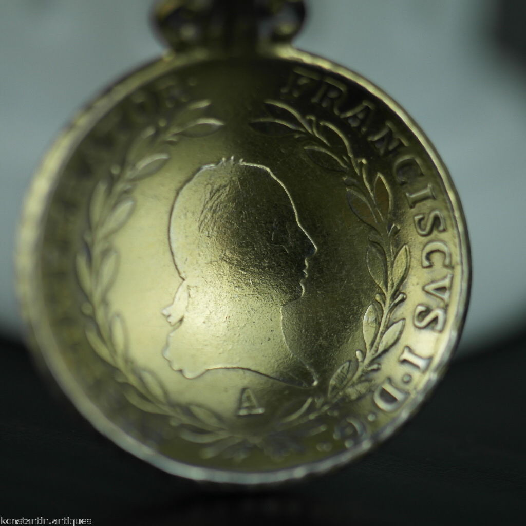 Antique 1808 gold plated solid silver 20 Kreuzer coin spoon Franciscvs Austrian Empire 800