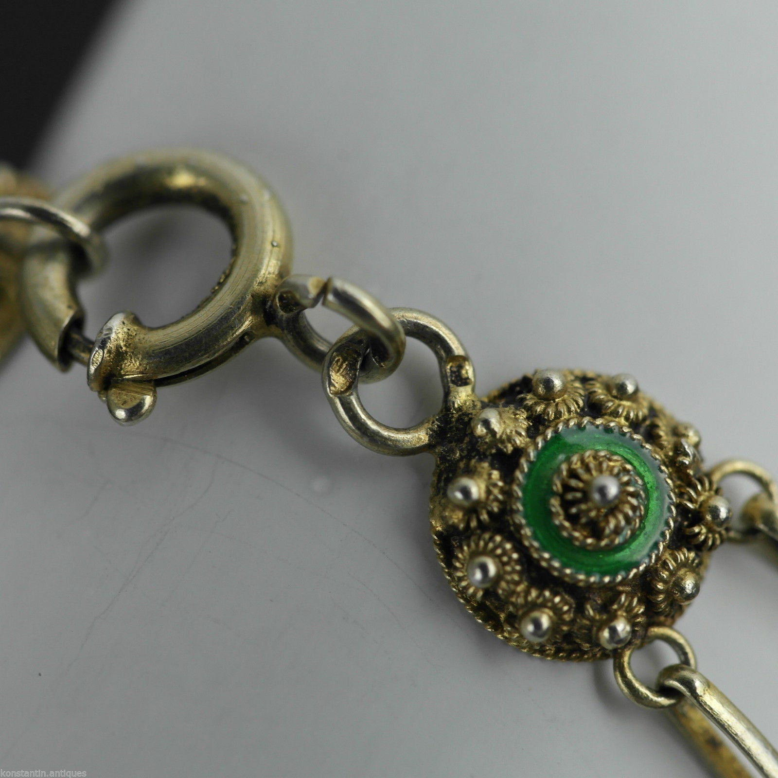 Cadena de pulsera antigua de esmalte guilloché bañada en oro de plata maciza del siglo XX Proto 833 